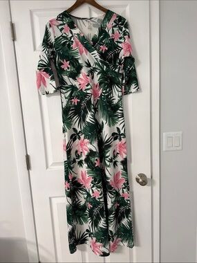 Tropical Wrap Maxi Dress in White with Pink & Green
